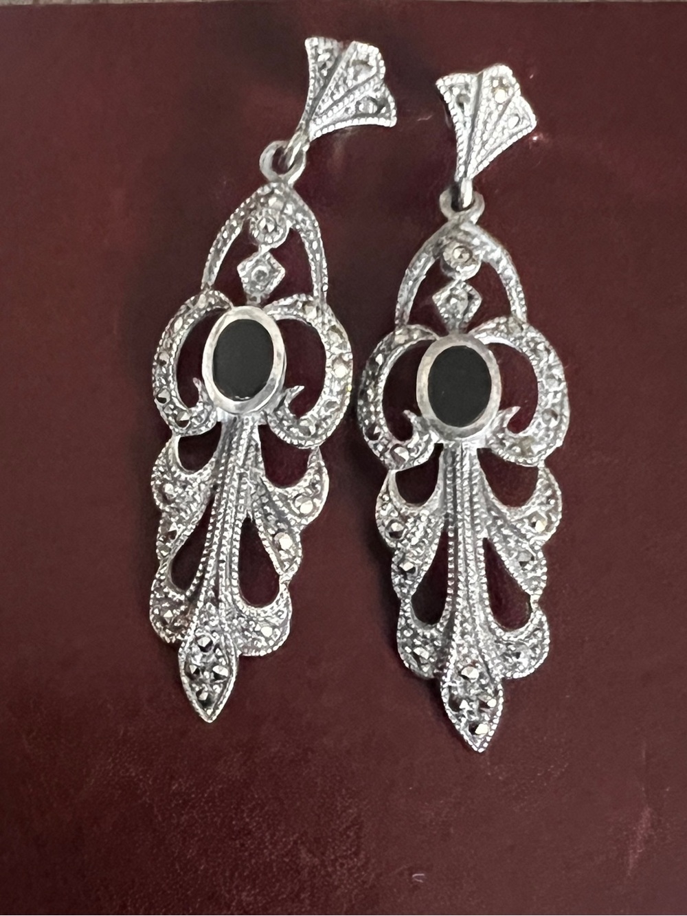 Vintage Art Deco 925 Sterling Silver Black Onyx Marcasite Drop Earrings